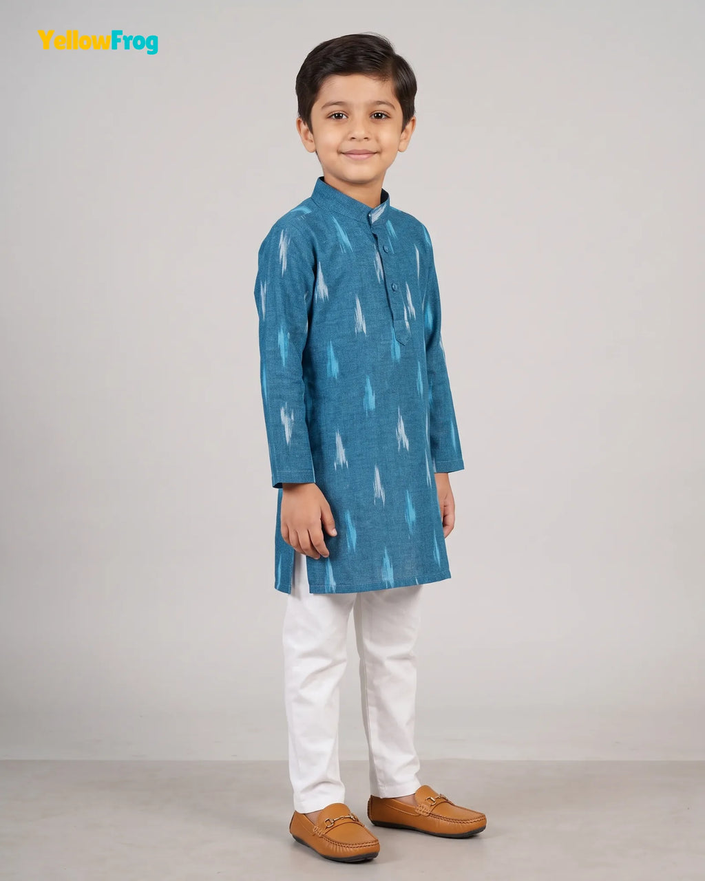 Boys Pure Cotton Ikkat Kurta Pyjama Set - Teal Ikkat KP229