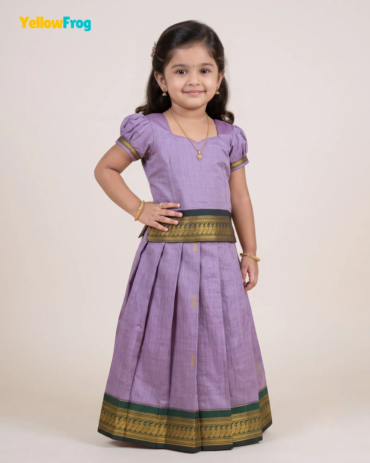 Girls Kalyani Cotton Pattu Pavadai Set - Lilac Puff Sleeve Skirt Top PPP2149