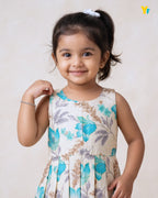 Girls Pure Cotton Sleeveless Fit & Flare Dress - Turquoise Floral Pleated Frock CF440