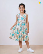 Girls Pure Cotton Sleeveless Fit & Flare Dress - Turquoise Floral Pleated Frock CF440