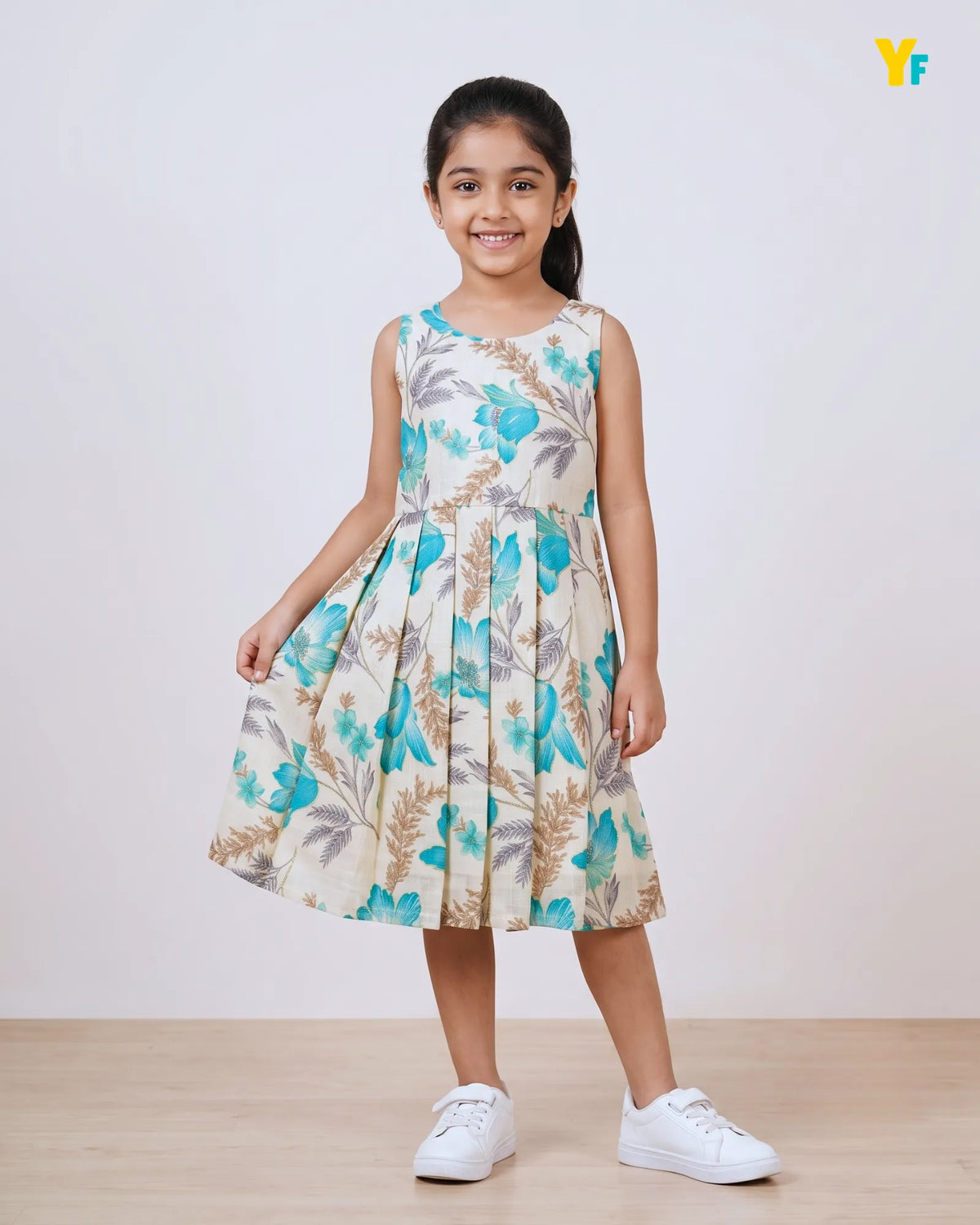 Girls Pure Cotton Sleeveless Fit & Flare Dress - Turquoise Floral Pleated Frock CF440