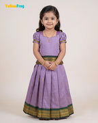 Girls Kalyani Cotton Pattu Pavadai Set - Lilac Puff Sleeve Skirt Top PPP2149