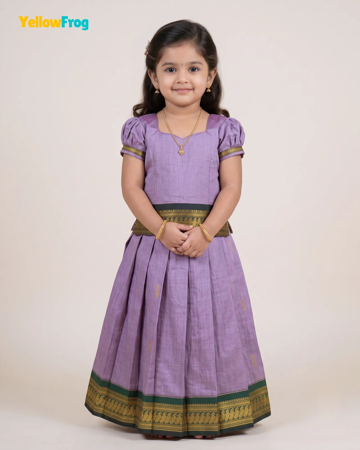 Girls Kalyani Cotton Pattu Pavadai Set - Lilac Puff Sleeve Skirt Top PPP2149