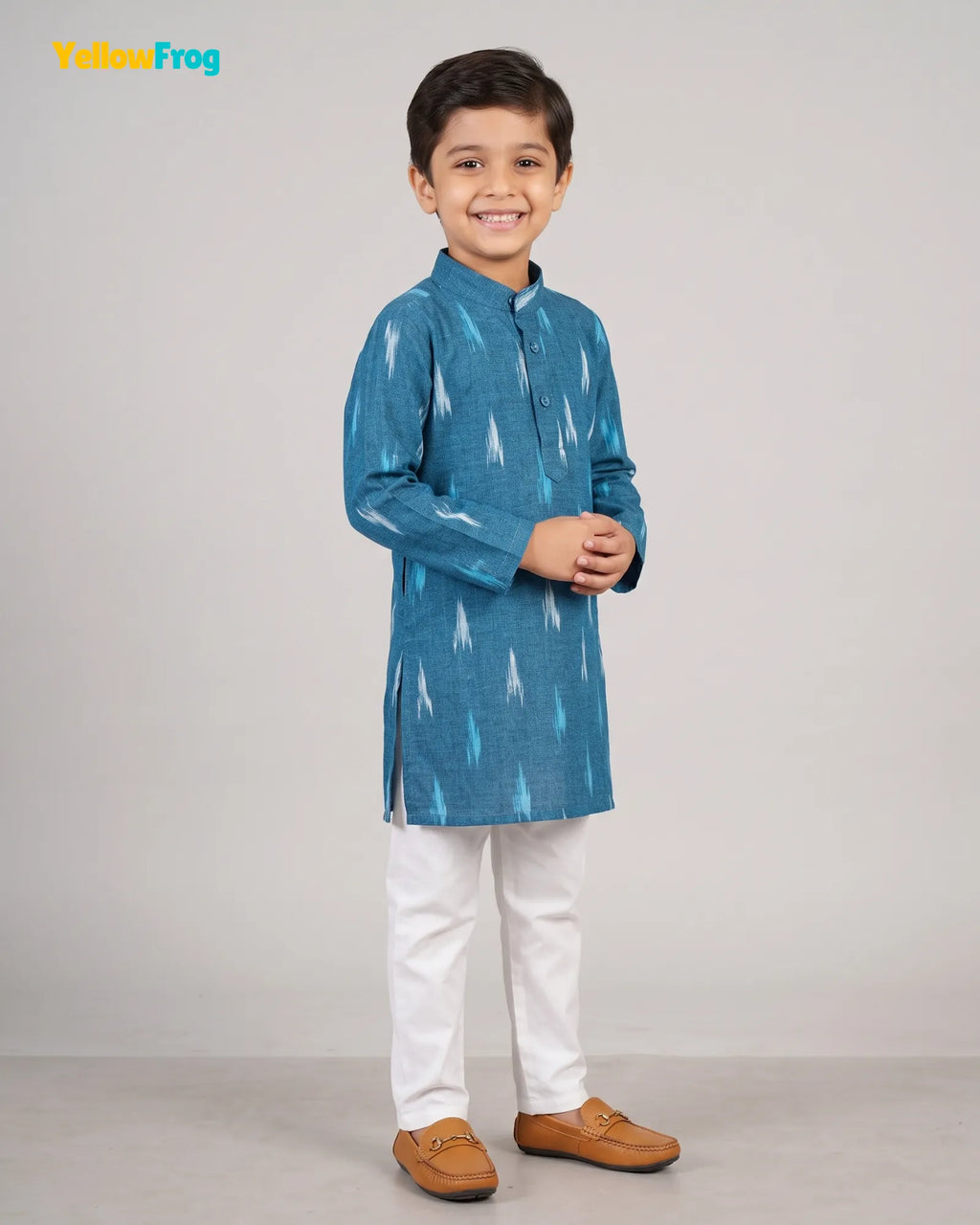 Boys Pure Cotton Ikkat Kurta Pyjama Set - Teal Ikkat KP229