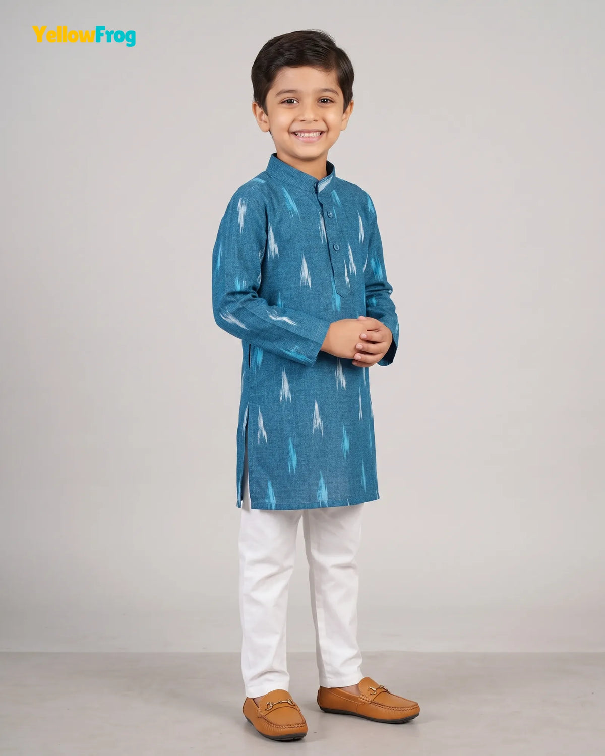 Boys Pure Cotton Ikkat Kurta Pyjama Set - Teal Ikkat KP229
