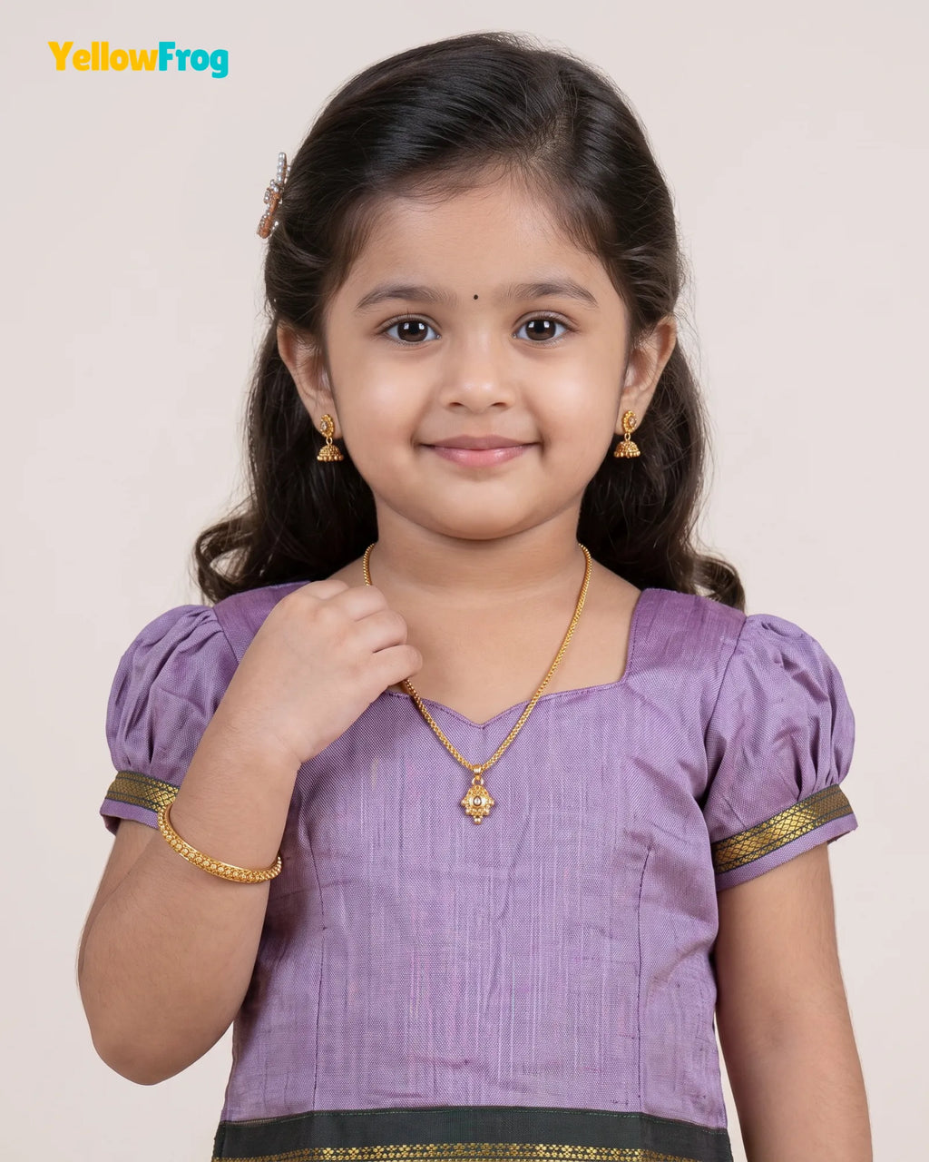 Girls Kalyani Cotton Pattu Pavadai Set - Lilac Puff Sleeve Skirt Top PPP2149
