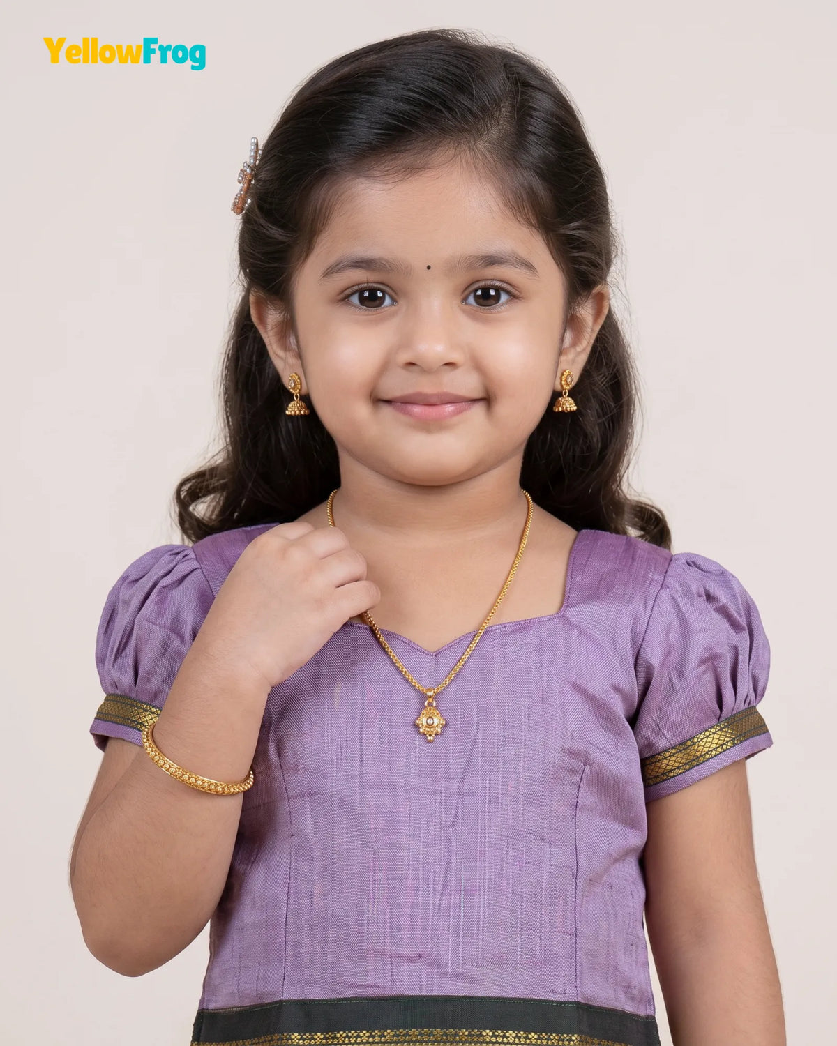 Girls Kalyani Cotton Pattu Pavadai Set - Lilac Puff Sleeve Skirt Top PPP2149