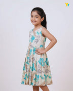 Girls Pure Cotton Sleeveless Fit & Flare Dress - Turquoise Floral Pleated Frock CF440