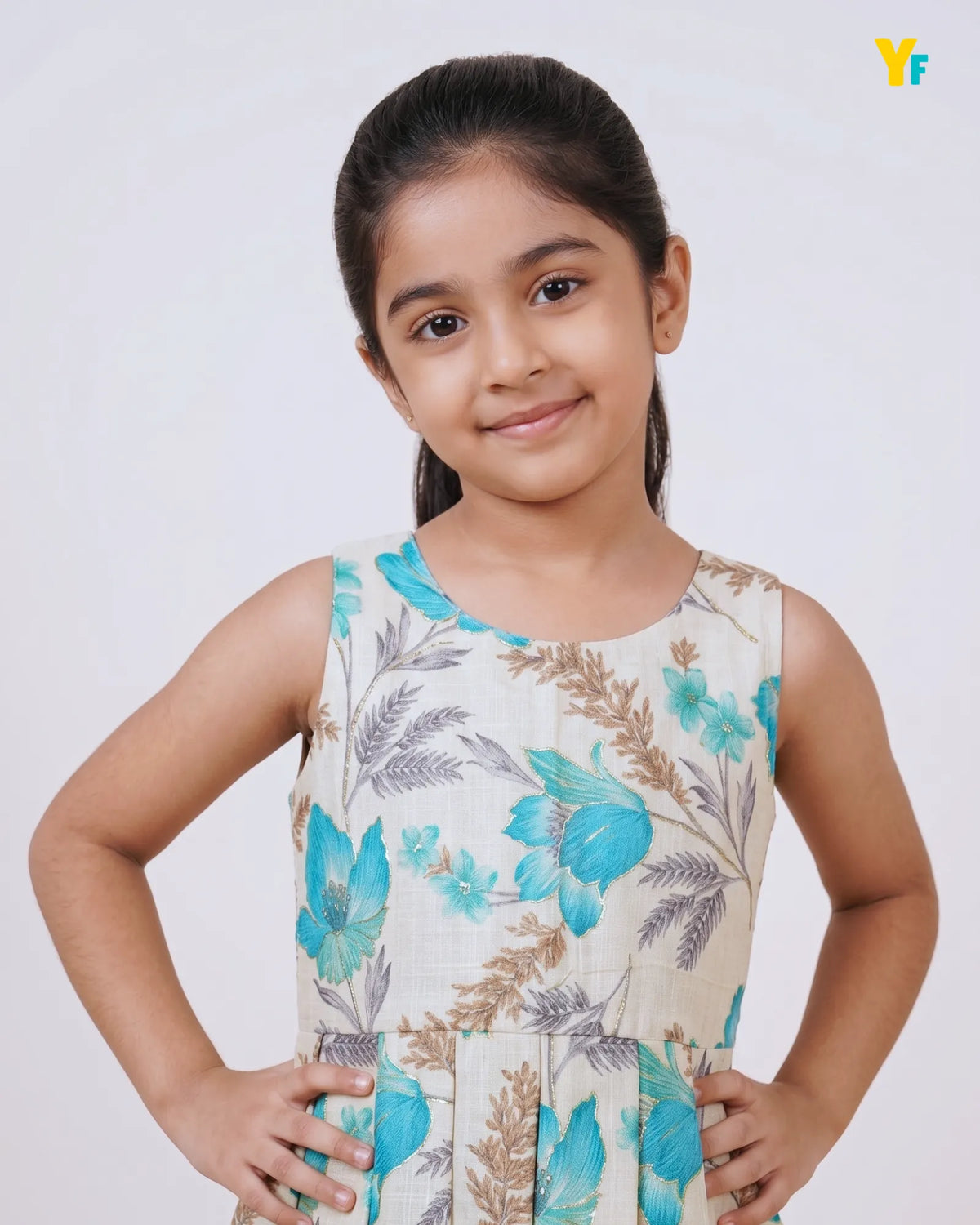 Girls Pure Cotton Sleeveless Fit & Flare Dress - Turquoise Floral Pleated Frock CF440