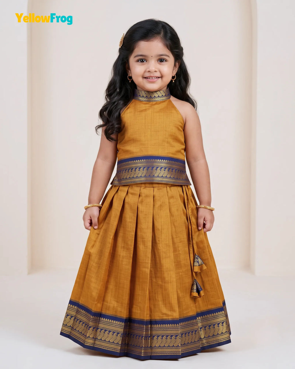 Girls Kalyani Cotton Pattu Halter Neck Pavadai Set - Mustard Navy Skirt Top PPP2155