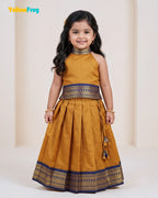 Girls Kalyani Cotton Pattu Halter Neck Pavadai Set - Mustard Navy Skirt Top PPP2155