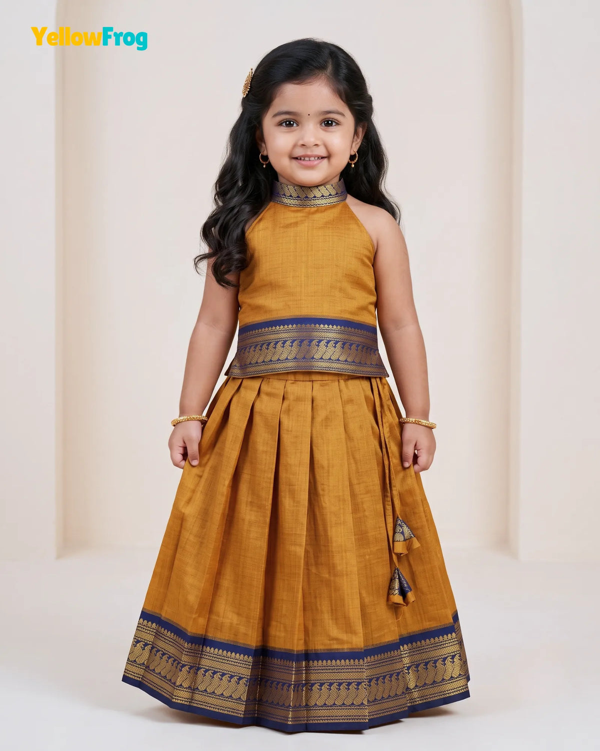 Girls Kalyani Cotton Pattu Halter Neck Pavadai Set - Mustard Navy Skirt Top PPP2155