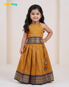 Girls Kalyani Cotton Pattu Halter Neck Pavadai Set - Mustard Navy Skirt Top PPP2155
