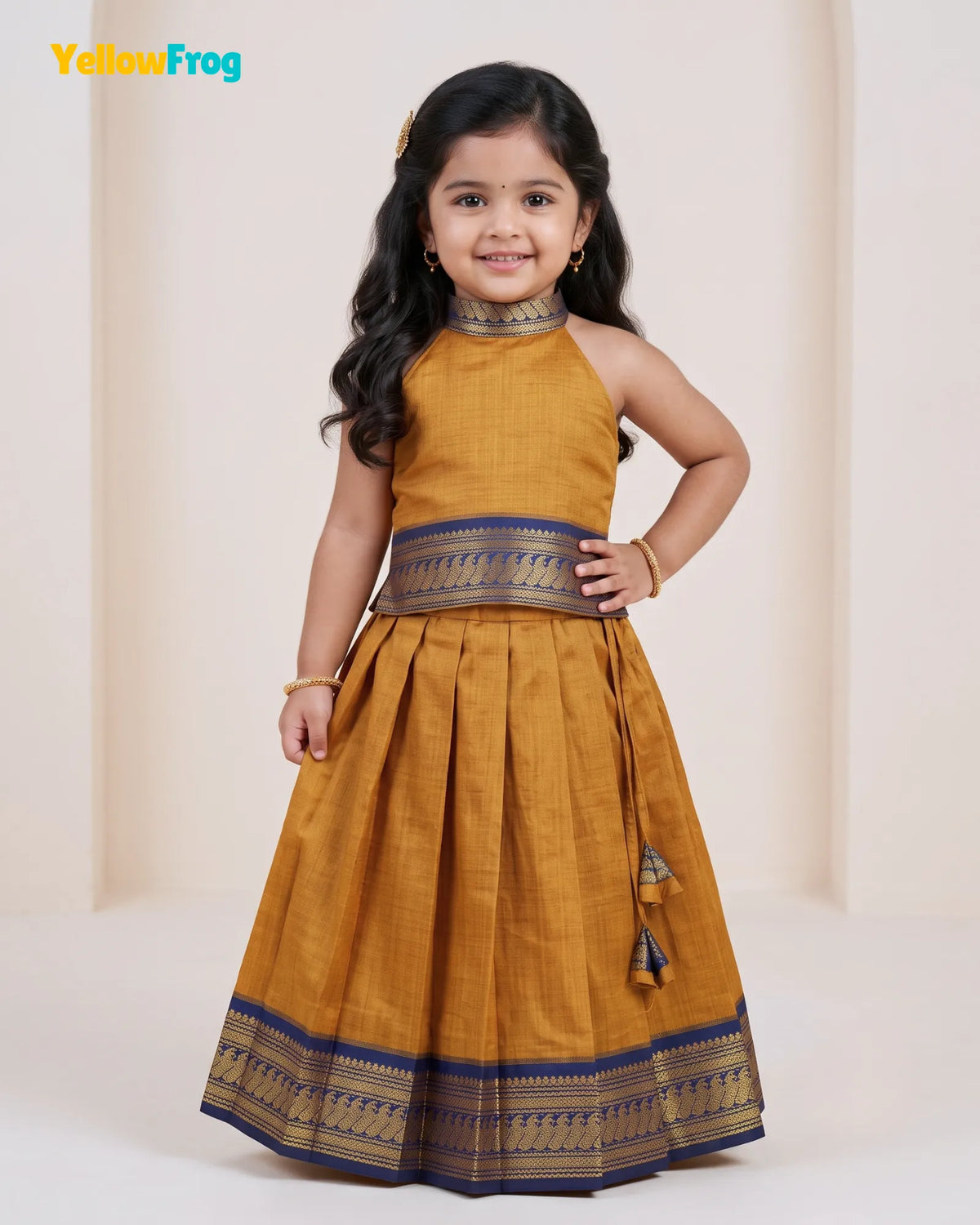 Girls Kalyani Cotton Pattu Halter Neck Pavadai Set - Mustard Navy Skirt Top PPP2155