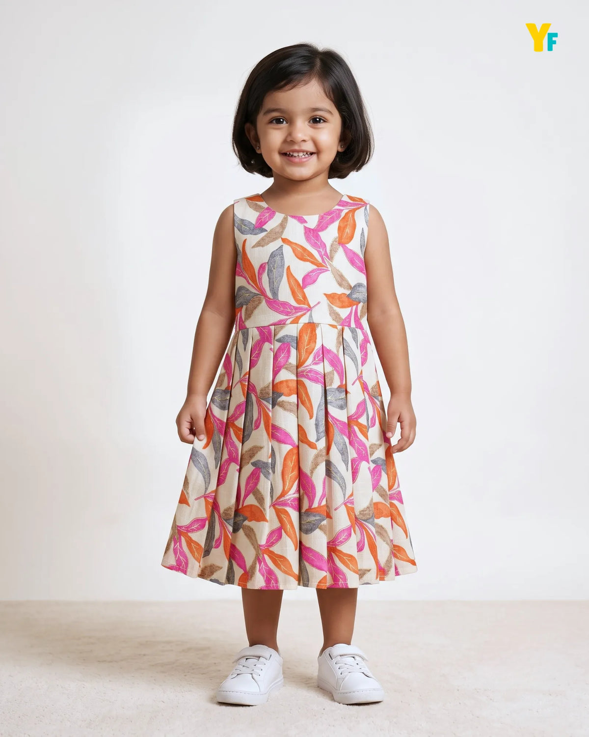 Girls Pure Cotton Sleeveless Fit & Flare Dress - Pink & Orange Leaf Print Frock CF441