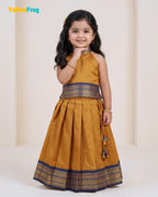 Girls Kalyani Cotton Pattu Halter Neck Pavadai Set - Mustard Navy Skirt Top PPP2155