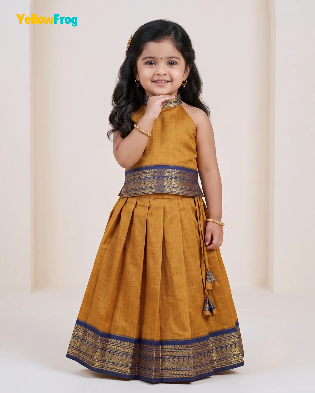 Girls Kalyani Cotton Pattu Halter Neck Pavadai Set - Mustard Navy Skirt Top PPP2155