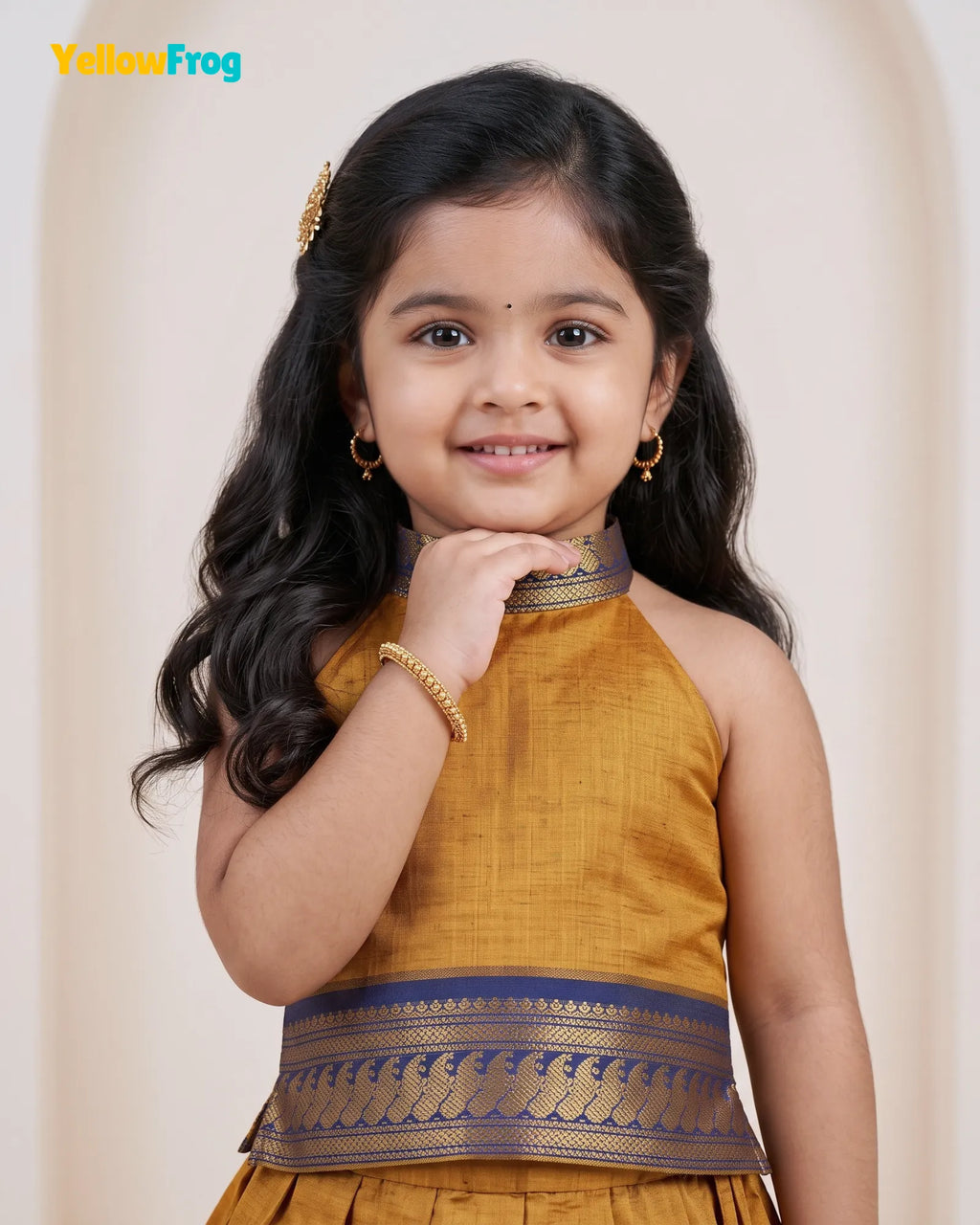 Girls Kalyani Cotton Pattu Halter Neck Pavadai Set - Mustard Navy Skirt Top PPP2155