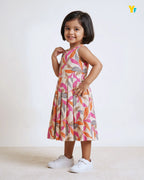 Girls Pure Cotton Sleeveless Fit & Flare Dress - Pink & Orange Leaf Print Frock CF441