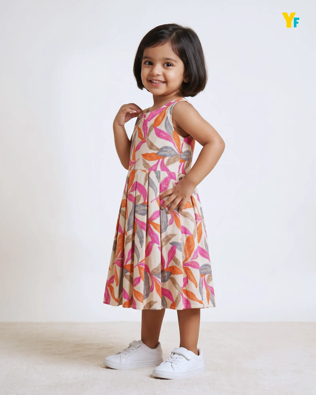 Girls Pure Cotton Sleeveless Fit & Flare Dress - Pink & Orange Leaf Print Frock CF441