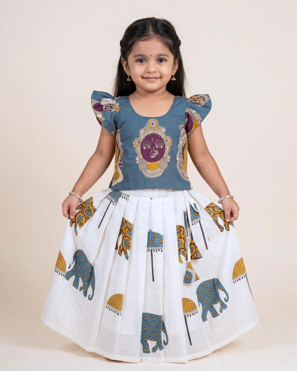 Kalamkari Print Pure Cotton Pavadai for Girls - Festive Set PPP2189
