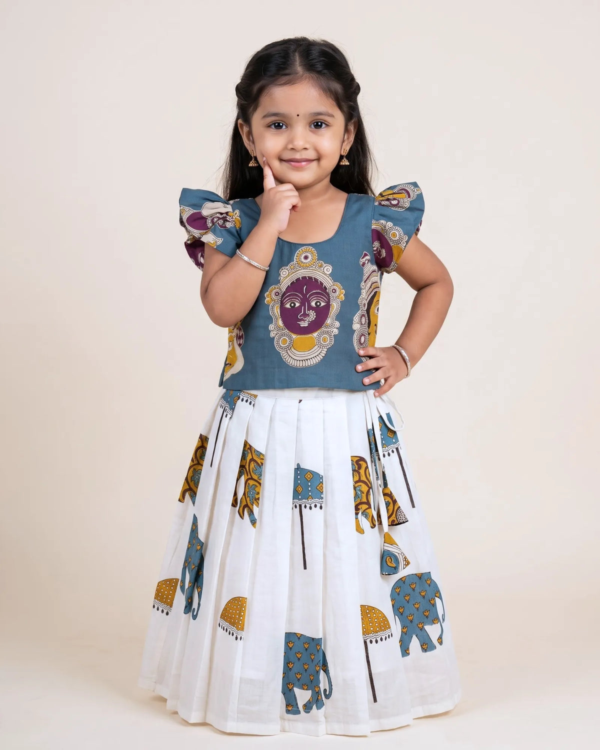 Kalamkari Print Pure Cotton Pavadai for Girls - Festive Set PPP2189