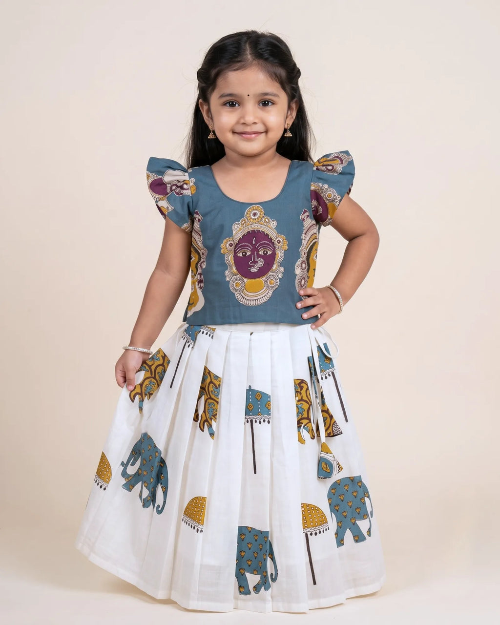 Kalamkari Print Pure Cotton Pavadai for Girls - Festive Set PPP2189