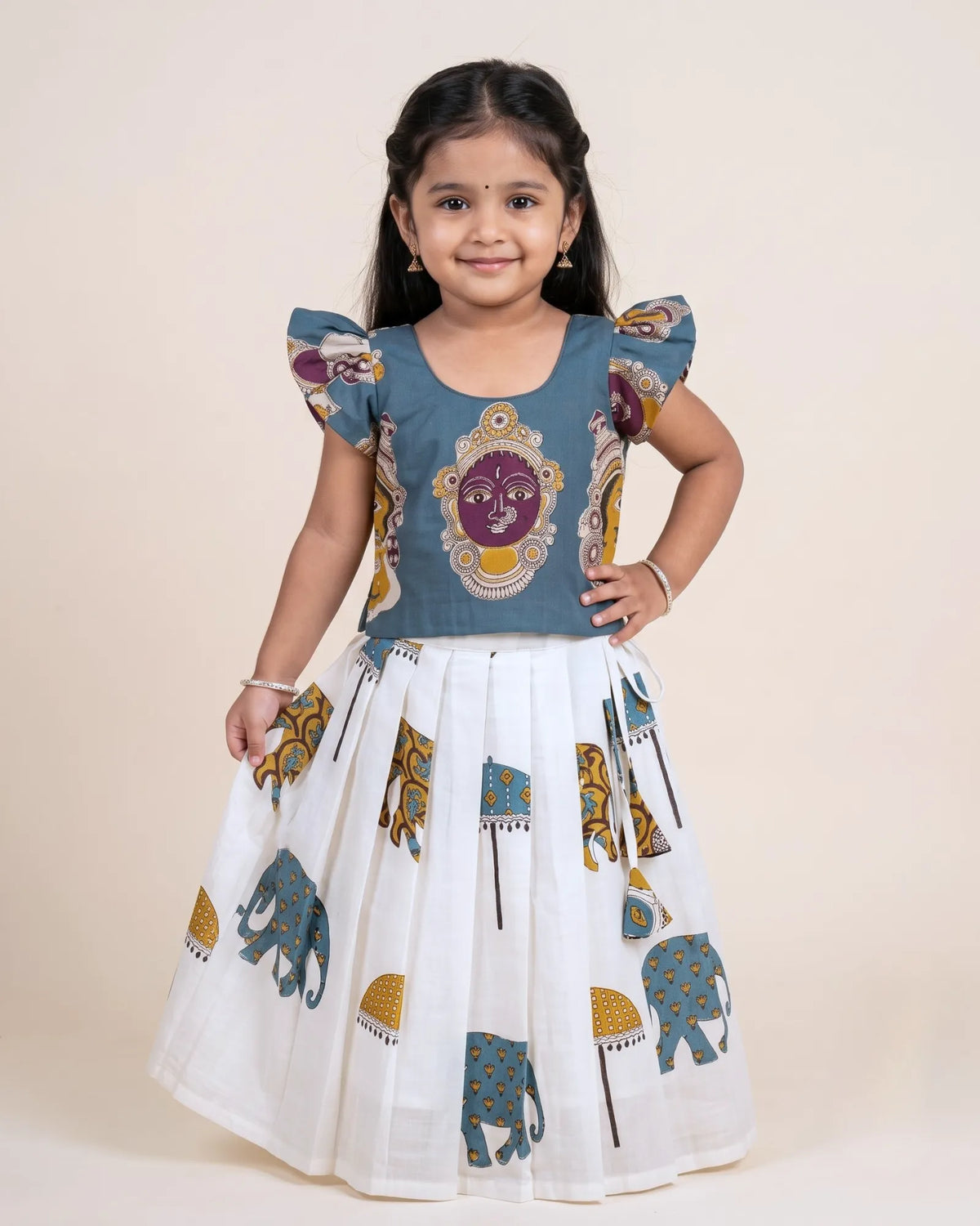 Kalamkari Print Pure Cotton Pavadai for Girls - Festive Set PPP2189