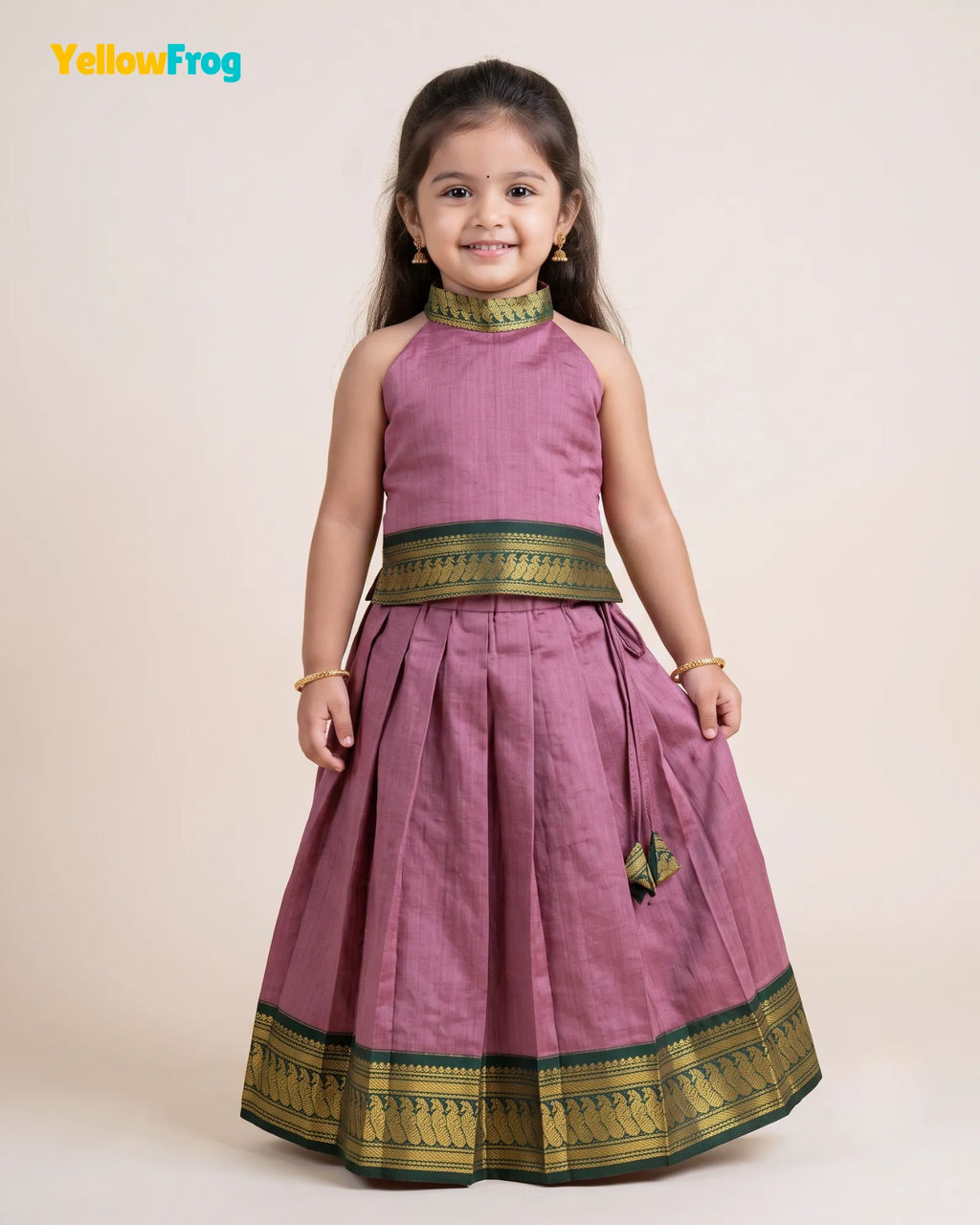 Girls Kalyani Cotton Pattu Halter Neck Pavadai Set - Mauve Green Skirt Top PPP2156