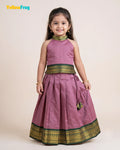 Girls Kalyani Cotton Pattu Halter Neck Pavadai Set - Mauve Green Skirt Top PPP2156