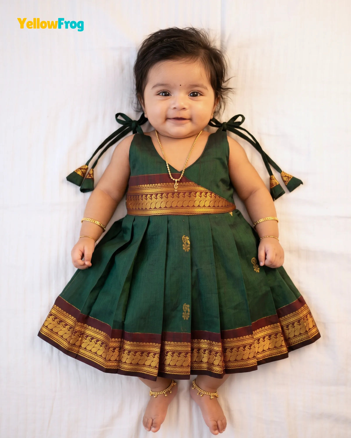 Newborn Kalyani Cotton Cotton Traditional Dress - Dark Green Zari Frock LF2054