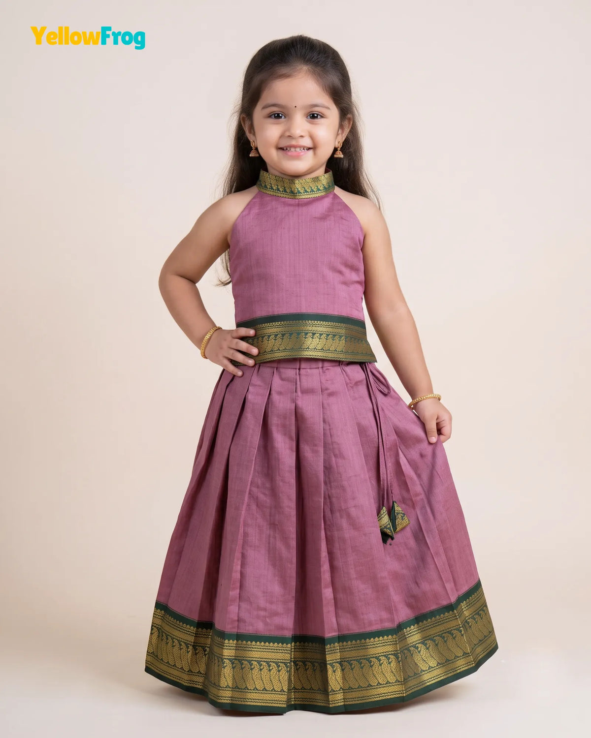 Girls Kalyani Cotton Pattu Halter Neck Pavadai Set - Mauve Green Skirt Top PPP2156