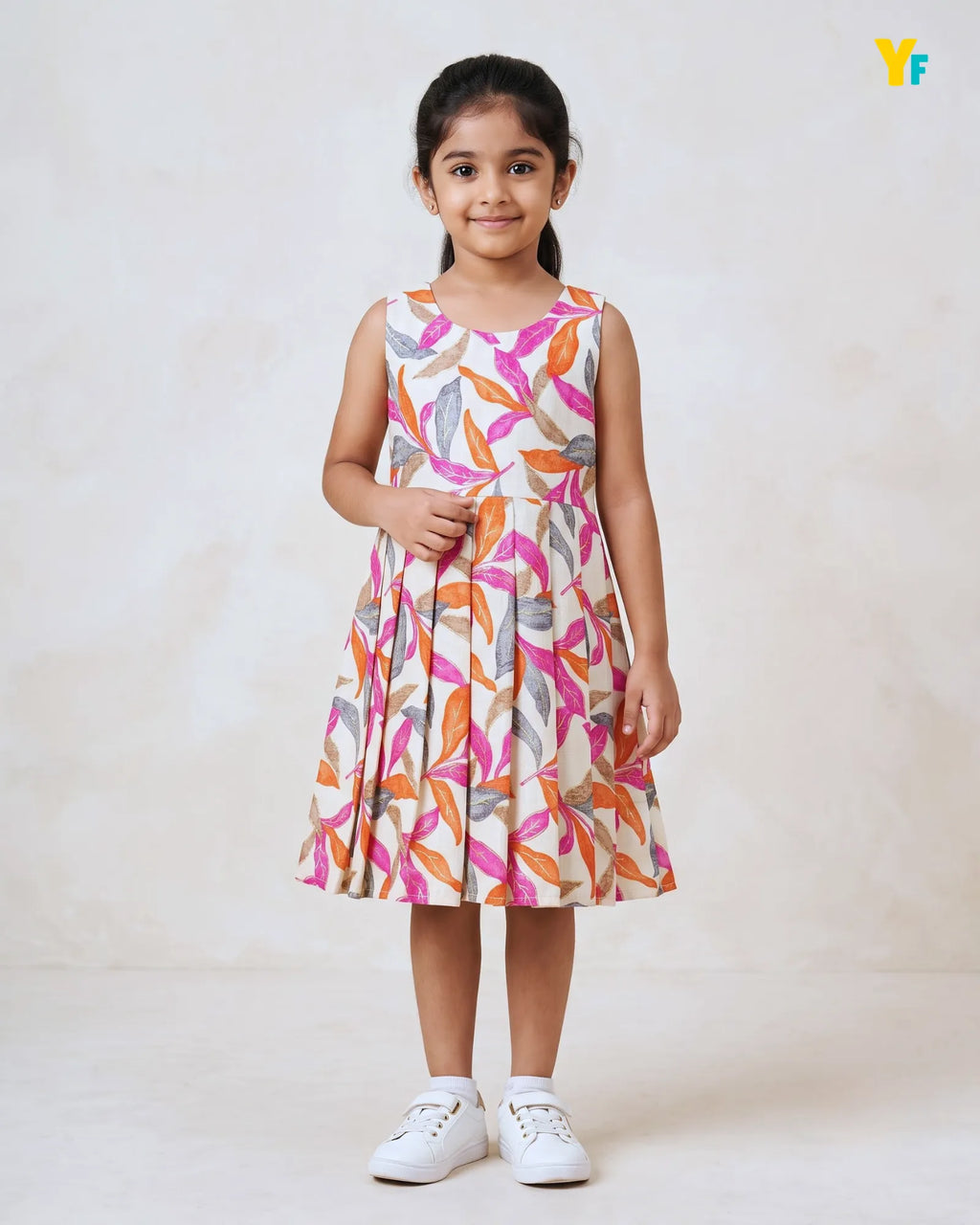 Girls Pure Cotton Sleeveless Fit & Flare Dress - Pink & Orange Leaf Print Frock CF441