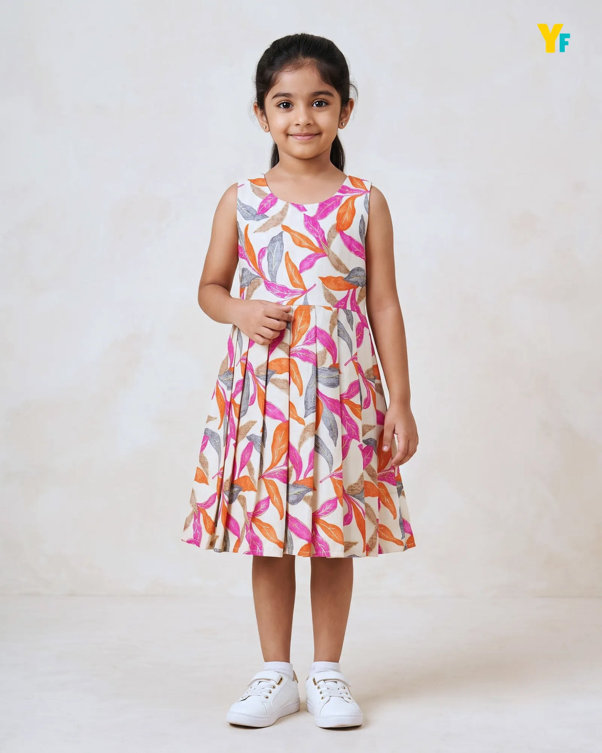 Girls Pure Cotton Sleeveless Fit & Flare Dress - Pink & Orange Leaf Print Frock CF441
