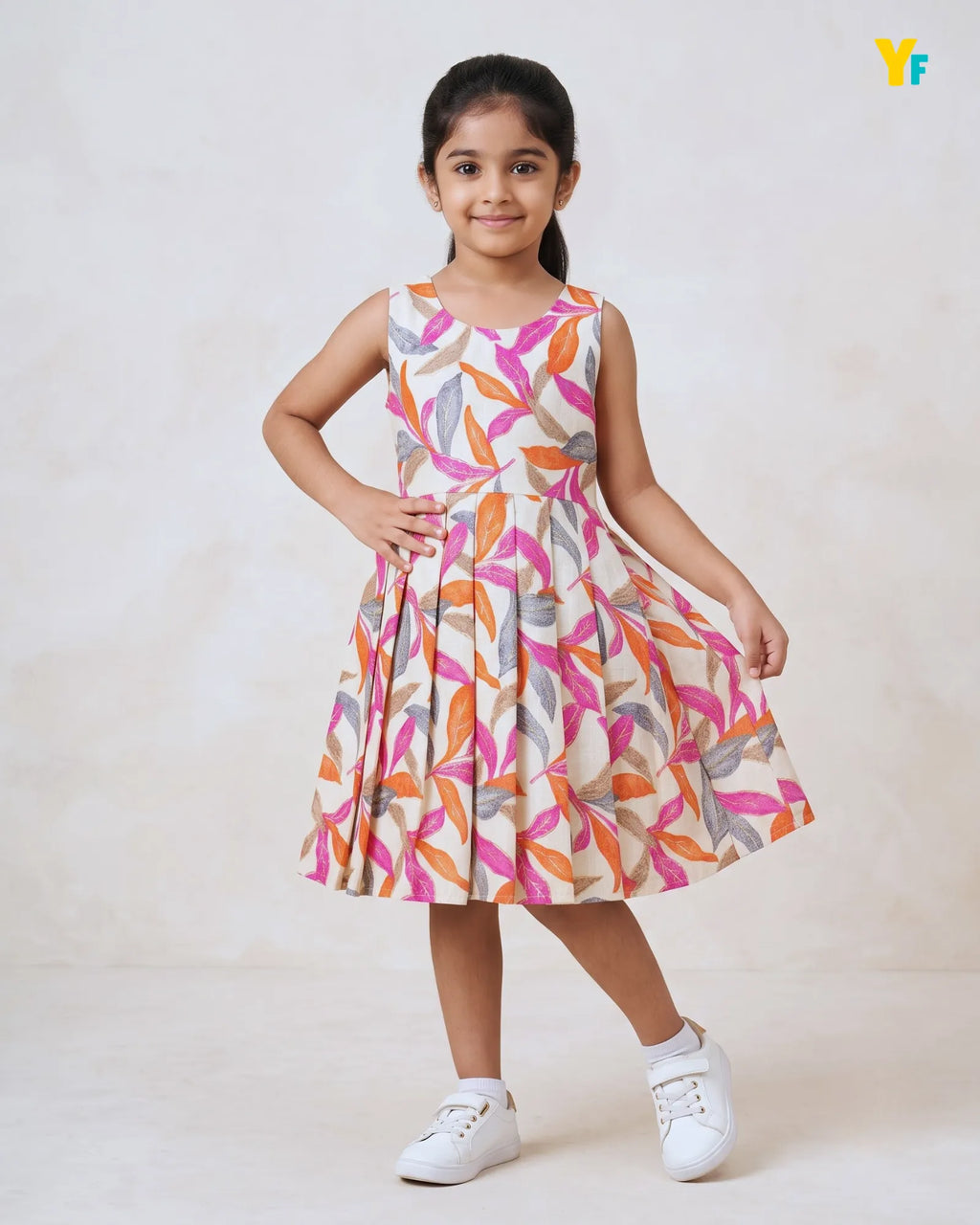 Girls Pure Cotton Sleeveless Fit & Flare Dress - Pink & Orange Leaf Print Frock CF441