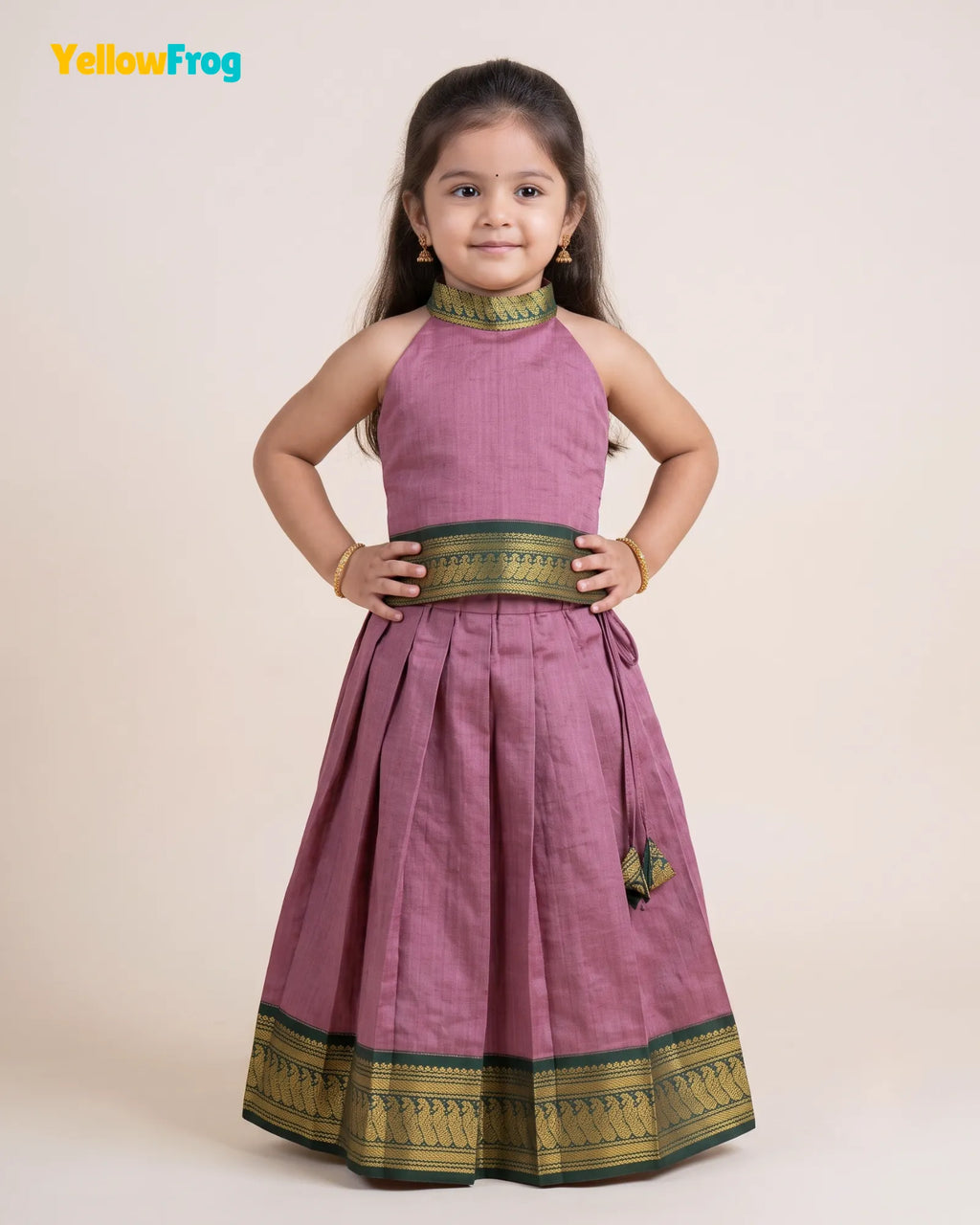 Girls Kalyani Cotton Pattu Halter Neck Pavadai Set - Mauve Green Skirt Top PPP2156