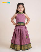 Girls Kalyani Cotton Pattu Halter Neck Pavadai Set - Mauve Green Skirt Top PPP2156