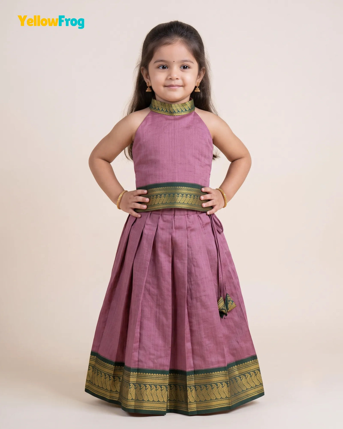 Girls Kalyani Cotton Pattu Halter Neck Pavadai Set - Mauve Green Skirt Top PPP2156