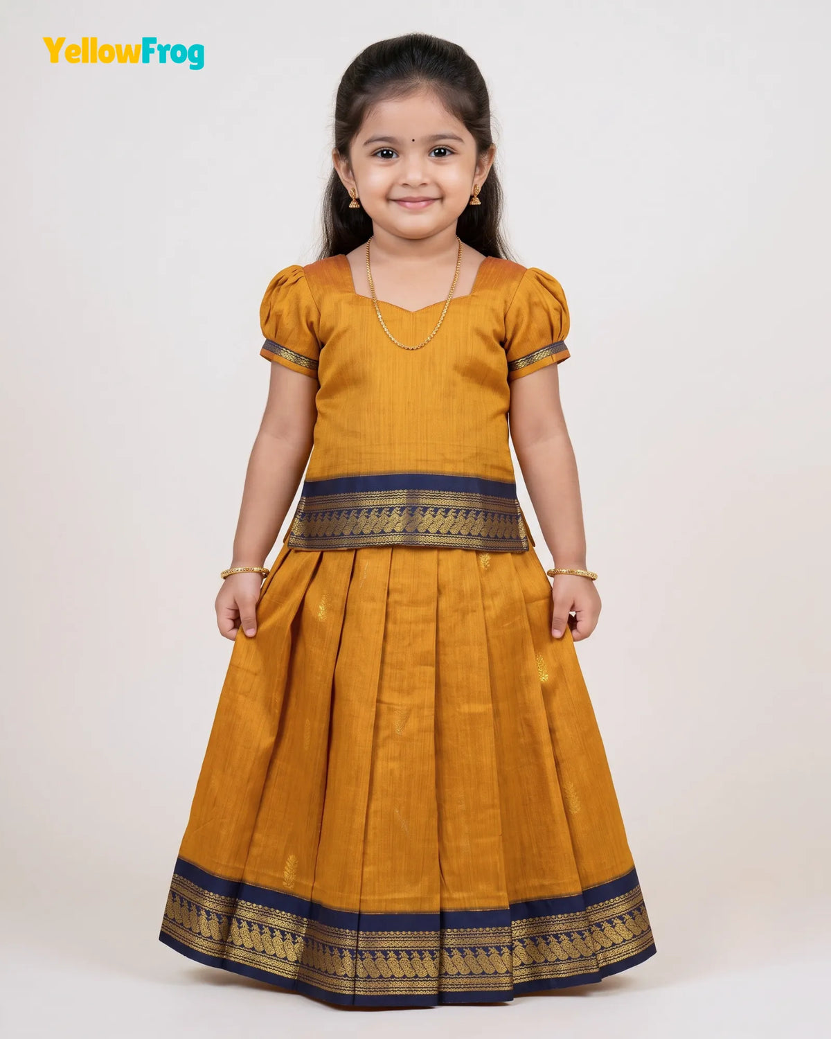 Girls Kalyani Cotton Pattu Pavadai Set - Mustard Navy Puff Sleeve Skirt Top PPP2150