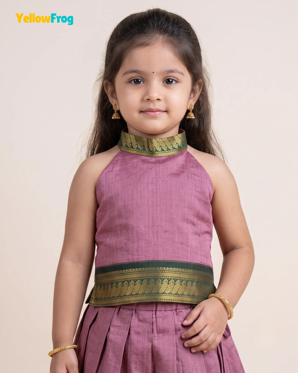Girls Kalyani Cotton Pattu Halter Neck Pavadai Set - Mauve Green Skirt Top PPP2156