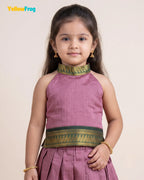 Girls Kalyani Cotton Pattu Halter Neck Pavadai Set - Mauve Green Skirt Top PPP2156
