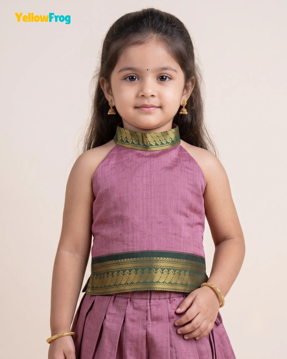 Girls Kalyani Cotton Pattu Halter Neck Pavadai Set - Mauve Green Skirt Top PPP2156