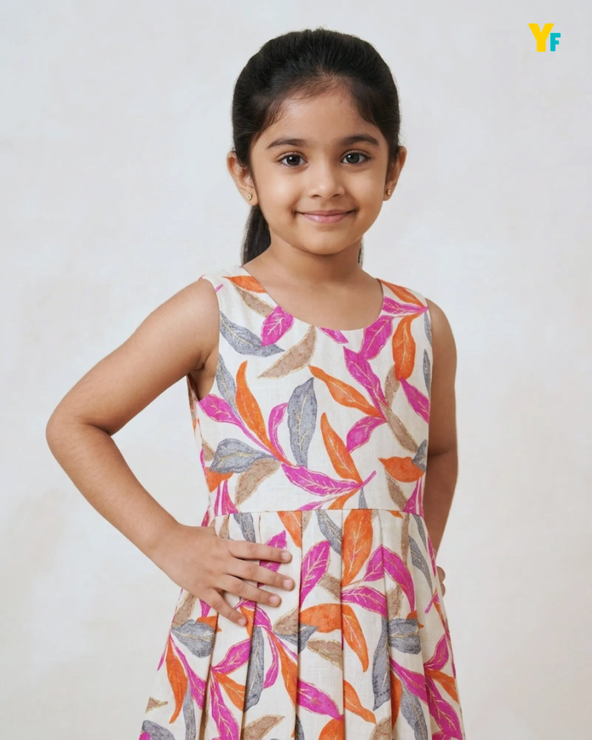 Girls Pure Cotton Sleeveless Fit & Flare Dress - Pink & Orange Leaf Print Frock CF441