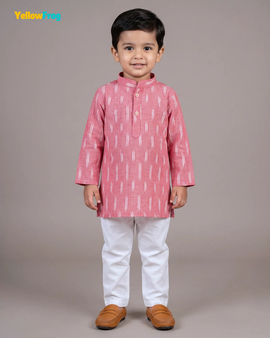 Boys Pure Cotton Ikkat Kurta Pyjama Set - Pink Ikkat with Collar KP230