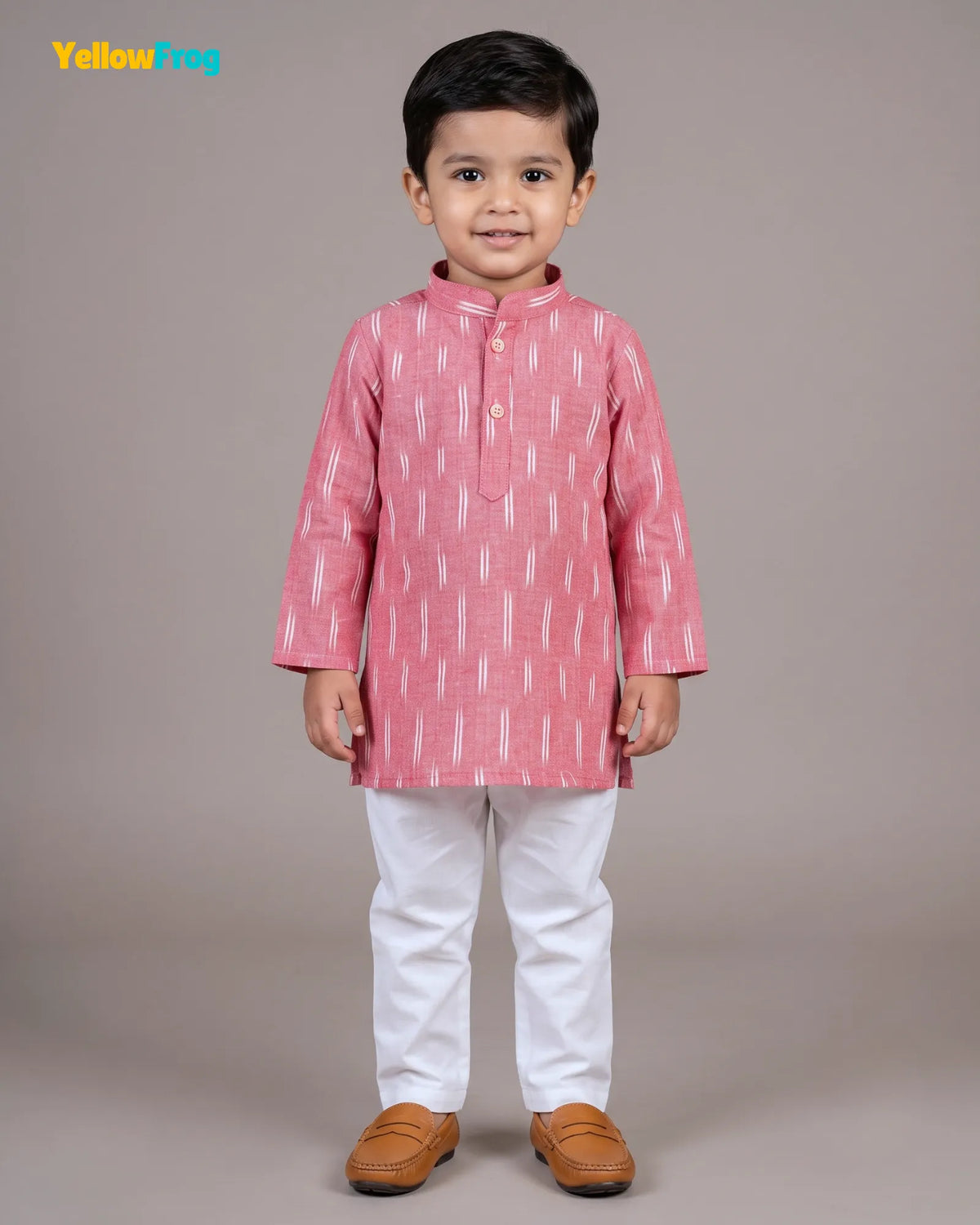 Boys Pure Cotton Ikkat Kurta Pyjama Set - Pink Ikkat with Collar KP230