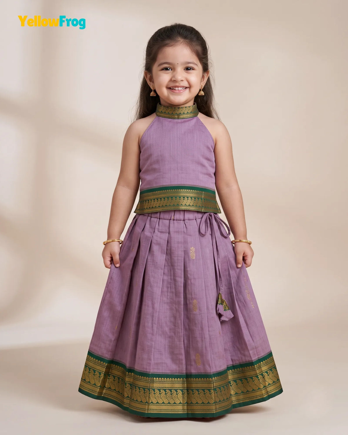 Girls Kalyani Cotton Pattu Halter Neck Pavadai Set - Lilac Green Skirt Top PPP2153