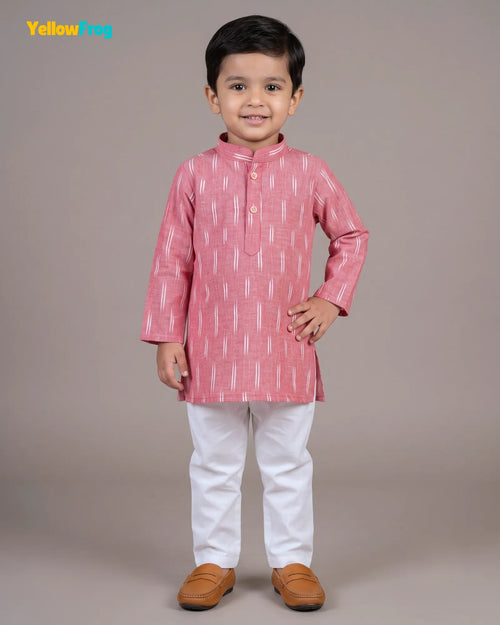 Boys Pure Cotton Ikkat Kurta Pyjama Set - Pink Ikkat with Collar KP230