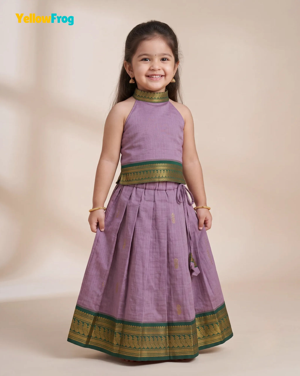 Girls Kalyani Cotton Pattu Halter Neck Pavadai Set - Lilac Green Skirt Top PPP2153