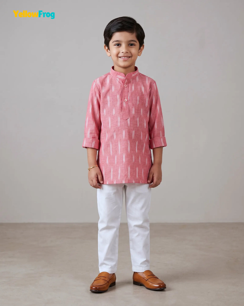 Boys Pure Cotton Ikkat Kurta Pyjama Set - Pink Ikkat with Collar KP230