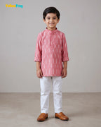 Boys Pure Cotton Ikkat Kurta Pyjama Set - Pink Ikkat with Collar KP230